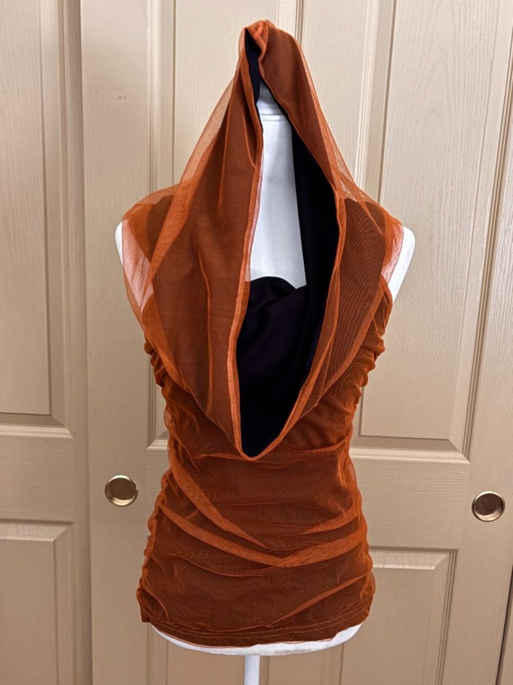 Women's Rust Mesh Hooded Rouched Top